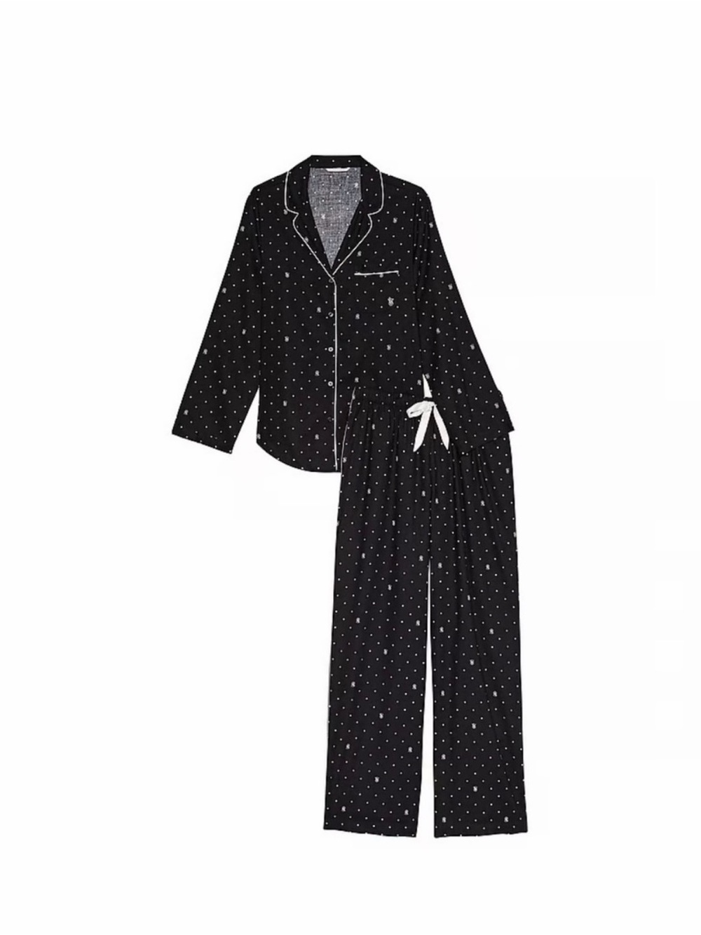 Victoria’s Secret Flannel Long Pajama Set Black and white polka dots NWT